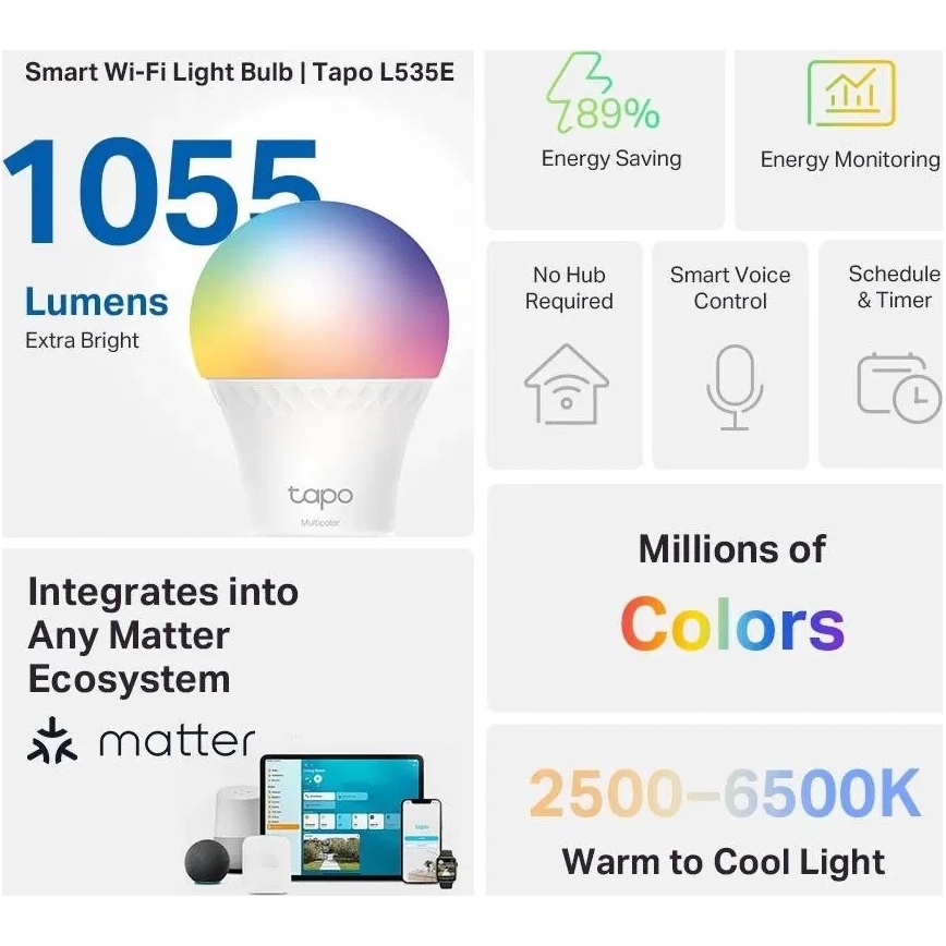 LED RGBW Dimmable Bulb MATTER A60 E27/8.6W/230V 2500-6500K Wi-Fi - TP-Link