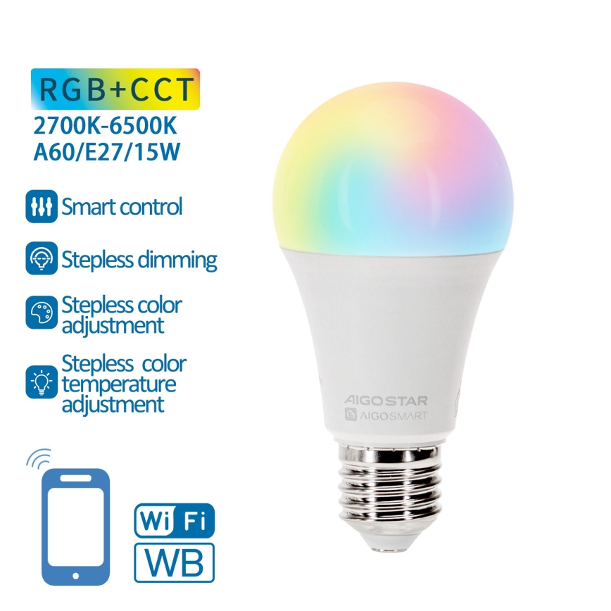 LED RGBW Dimmable bulb A60 E27/15W/230V 2700-6500K Wi-Fi - Aigostar