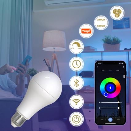 LED RGBW Dimmable bulb A60 E27/15W/230V 2700-6500K Wi-Fi Tuya