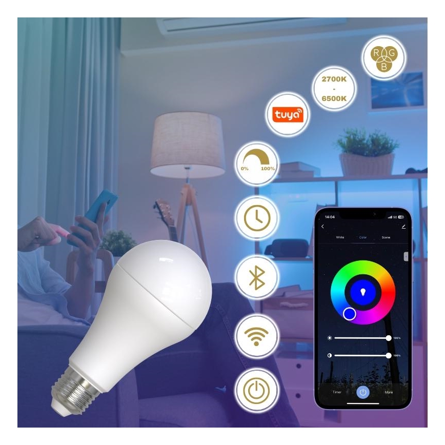 LED RGBW Dimmable bulb A60 E27/15W/230V 2700-6500K Wi-Fi Tuya