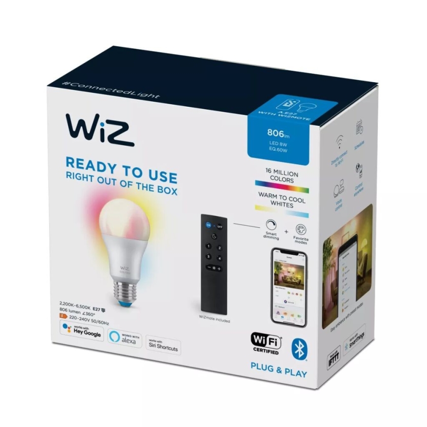 LED RGBW Dimmable bulb A60 E27/8,5W/230V 2200-6500K  CRI 90 Wi-Fi + remote control - WiZ