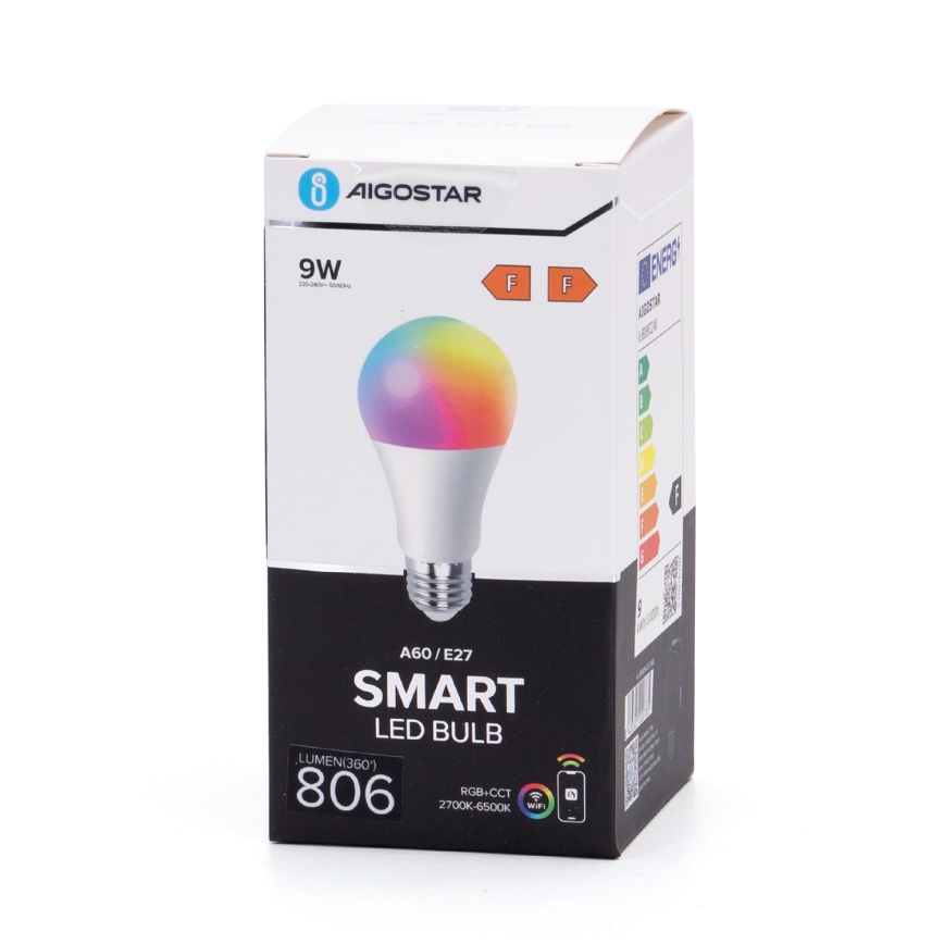 LED RGBW Dimmable bulb A60 E27/9W/230V 2700-6500K Wi-Fi - Aigostar