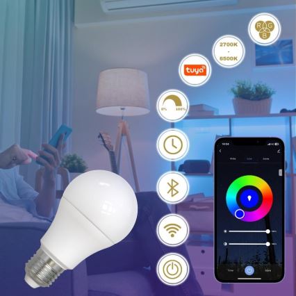 LED RGBW Dimmable bulb A60 E27/9W/230V 2700-6500K Wi-Fi Tuya