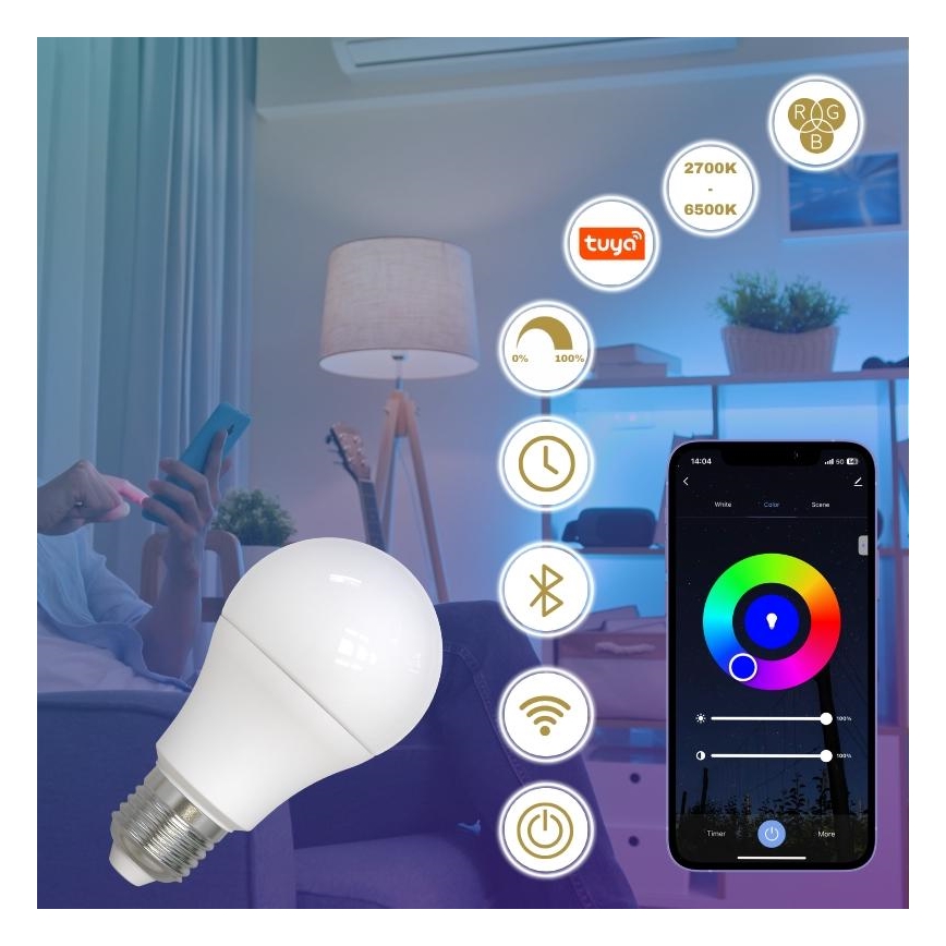 LED RGBW Dimmable bulb A60 E27/9W/230V 2700-6500K Wi-Fi Tuya