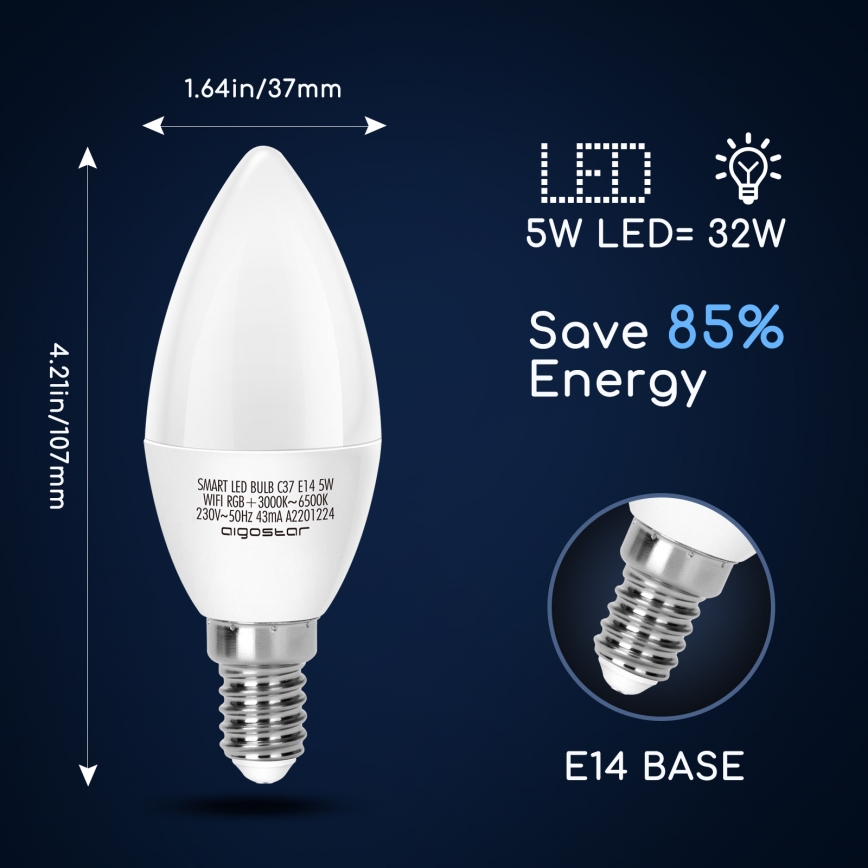 LED RGBW Dimmable bulb C37 E14/5W/230V 3000-6500K Wi-Fi - Aigostar