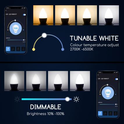 LED RGBW Dimmable bulb C37 E27/5W/230V 3000-6500K Wi-Fi - Aigostar