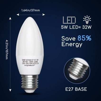 LED RGBW Dimmable bulb C37 E27/5W/230V 3000-6500K Wi-Fi - Aigostar