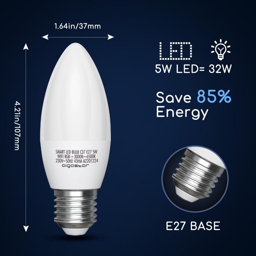 LED RGBW Dimmable bulb C37 E27/5W/230V 3000-6500K Wi-Fi - Aigostar