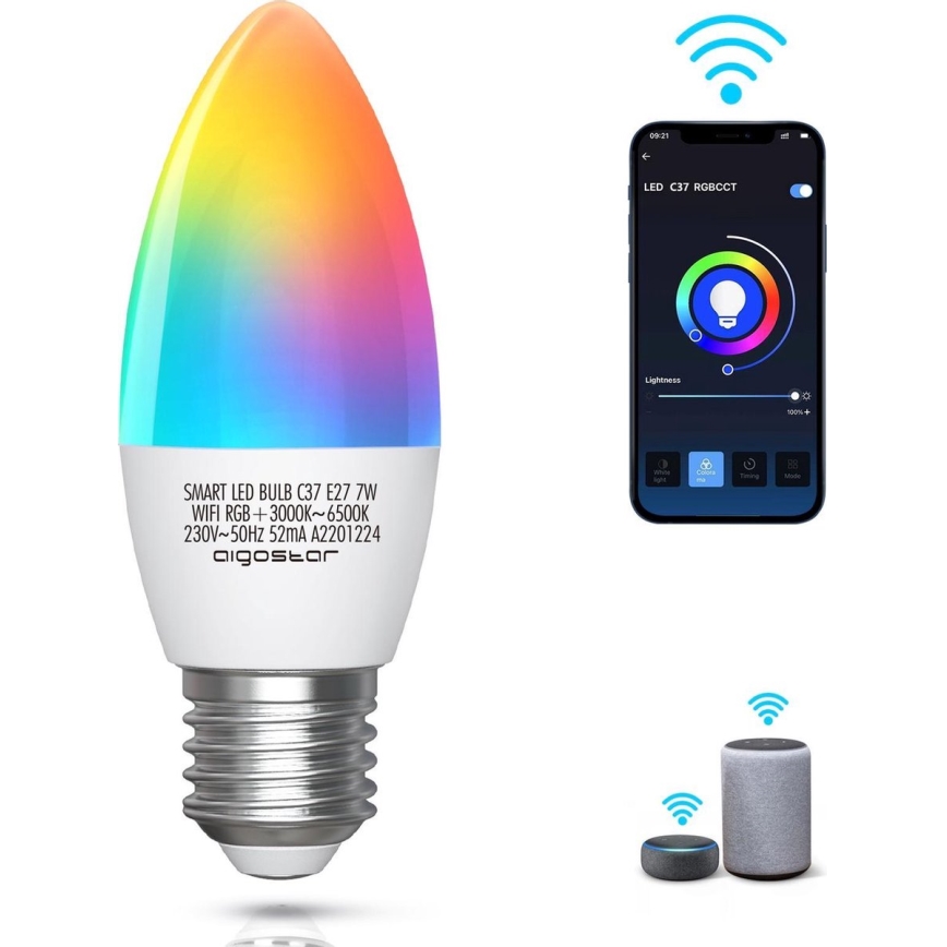 LED RGBW Dimmable bulb C37 E27/7W/230V 3000-6500K Wi-Fi - Aigostar