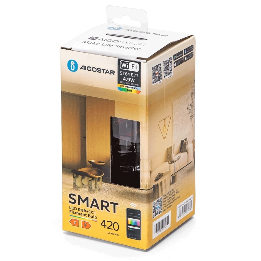 LED RGBW Dimmable bulb FILAMENT ST64 E27/4,9W/230V 2700-6500K Wi-Fi - Aigostar
