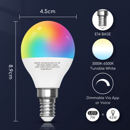 LED RGBW Dimmable bulb G45 E14/7W/230V 3000-6500K Wi-Fi - Aigostar