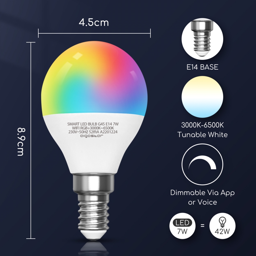 LED RGBW Dimmable bulb G45 E14/7W/230V 3000-6500K Wi-Fi - Aigostar