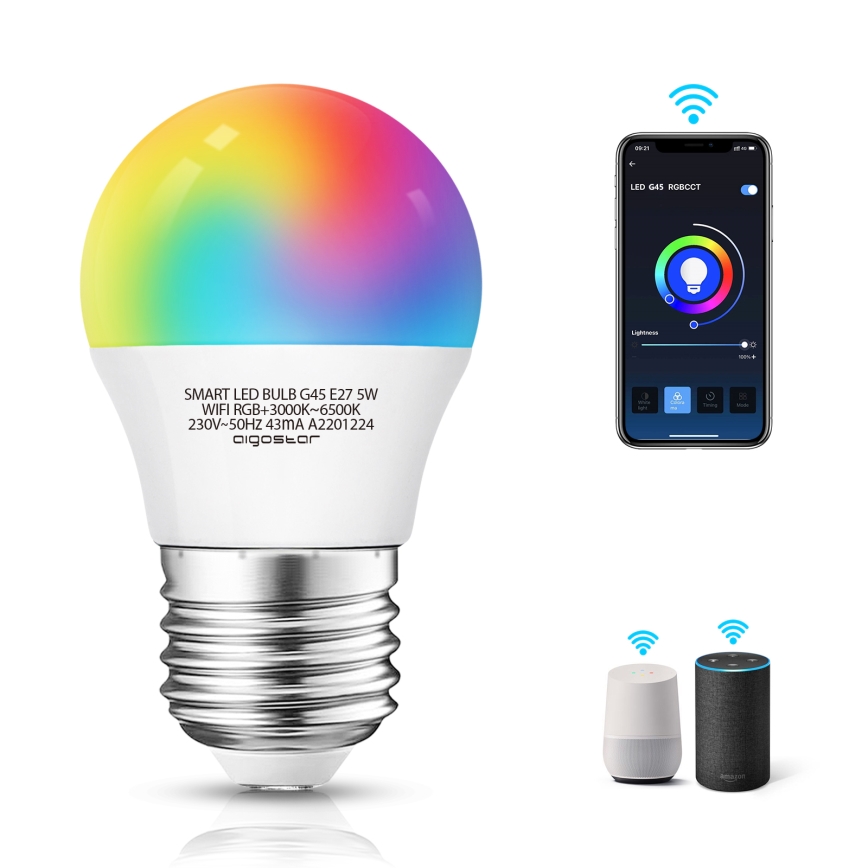 LED RGBW Dimmable bulb G45 E27/5W/230V 3000-6500K Wi-Fi - Aigostar