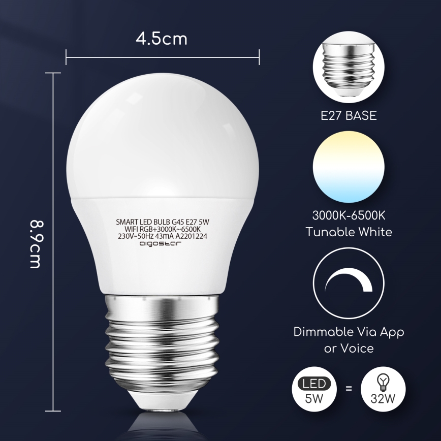 LED RGBW Dimmable bulb G45 E27/5W/230V 3000-6500K Wi-Fi - Aigostar