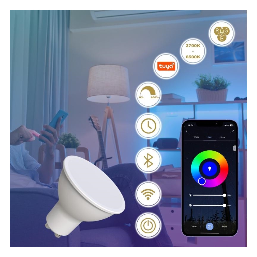 LED RGBW Dimmable bulb GU10/4,5W/230V 2700-6500K Wi-Fi Tuya