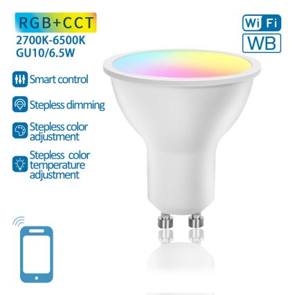 LED RGBW Dimmable bulb GU10/6,5W/230V 2700-6500K Wi-Fi - Aigostar