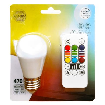 LED RGBW Dimmable bulb E27/6W/230V 3000K + remote control - Globo