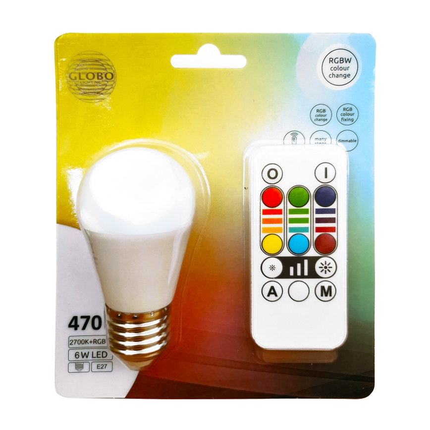 LED RGBW Dimmable bulb E27/6W/230V 3000K + remote control - Globo