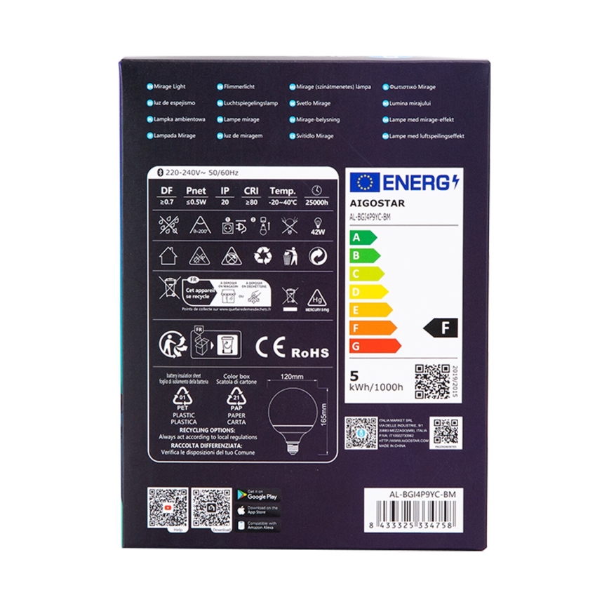 LED RGBW Dimmable bulb MESH G120 E27/4,9W/230V 2700-6500K + remote control - Aigostar