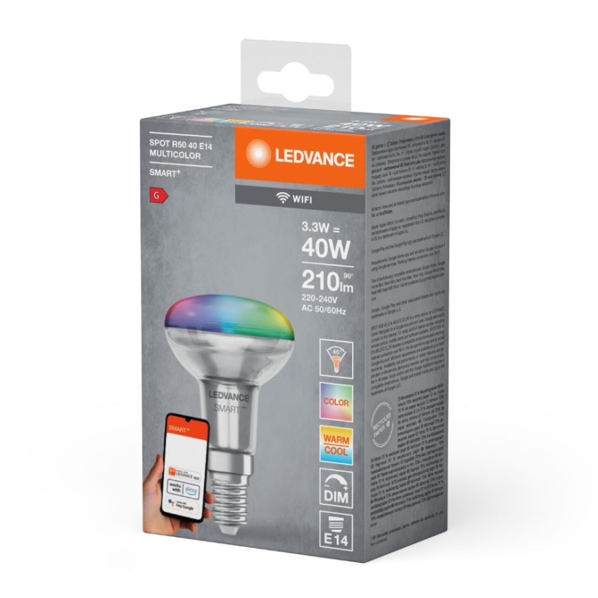 LED RGBW Dimmable floodlight bulb SMART+ R50 E14/3,3W/230V 2700-6500K Wi-Fi - Ledvance