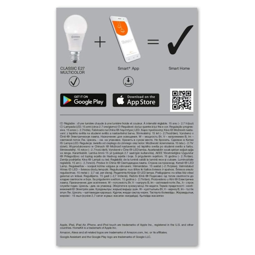 LED RGBW Dimmable bulb SMART+ E27/9W/230V 2700K-6500K Wi-Fi - Ledvance