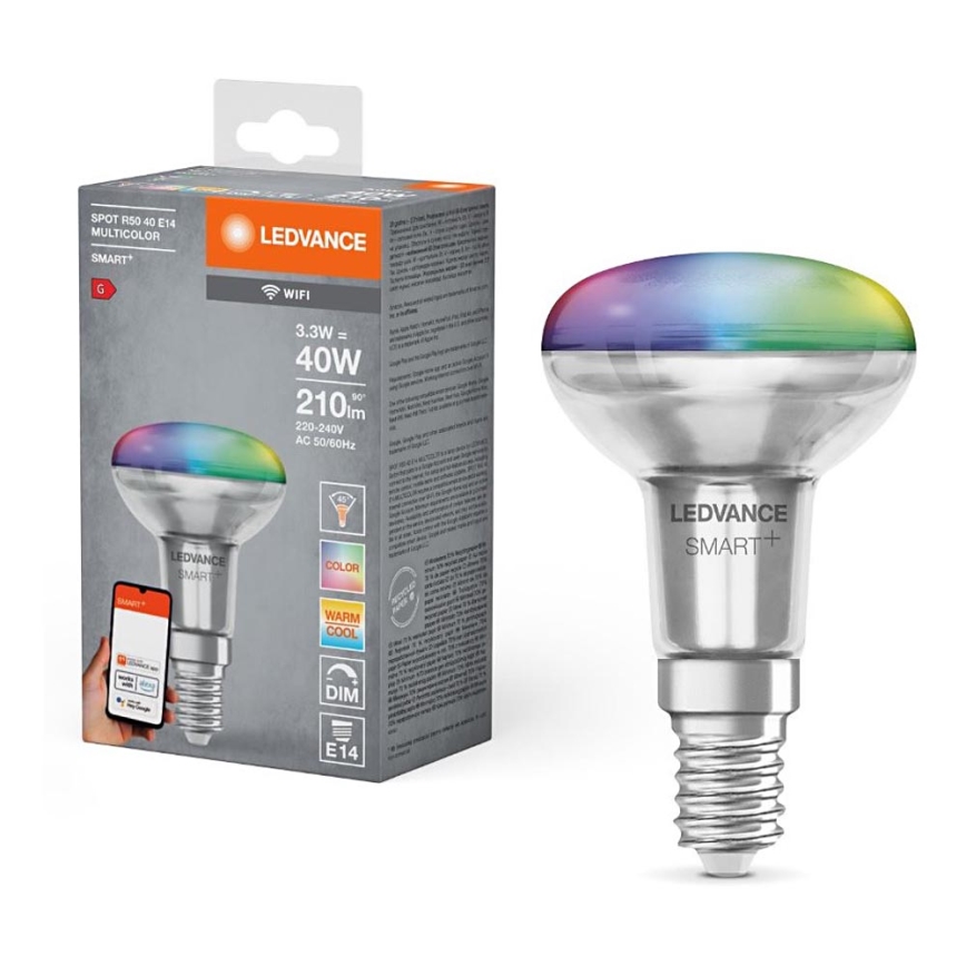 LED RGBW Dimmable floodlight bulb SMART+ R50 E14/3,3W/230V 2700-6500K Wi-Fi - Ledvance