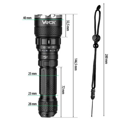 LED RGBW Dimmable rechargeable flashlight LED/15W/5V IP66 1500 shiny 2000 mAh