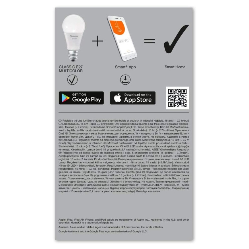 LED RGBW Dimming bulb SMART+ E27/9,5W/230V 2700K-6500K Wi-Fi - Ledvance