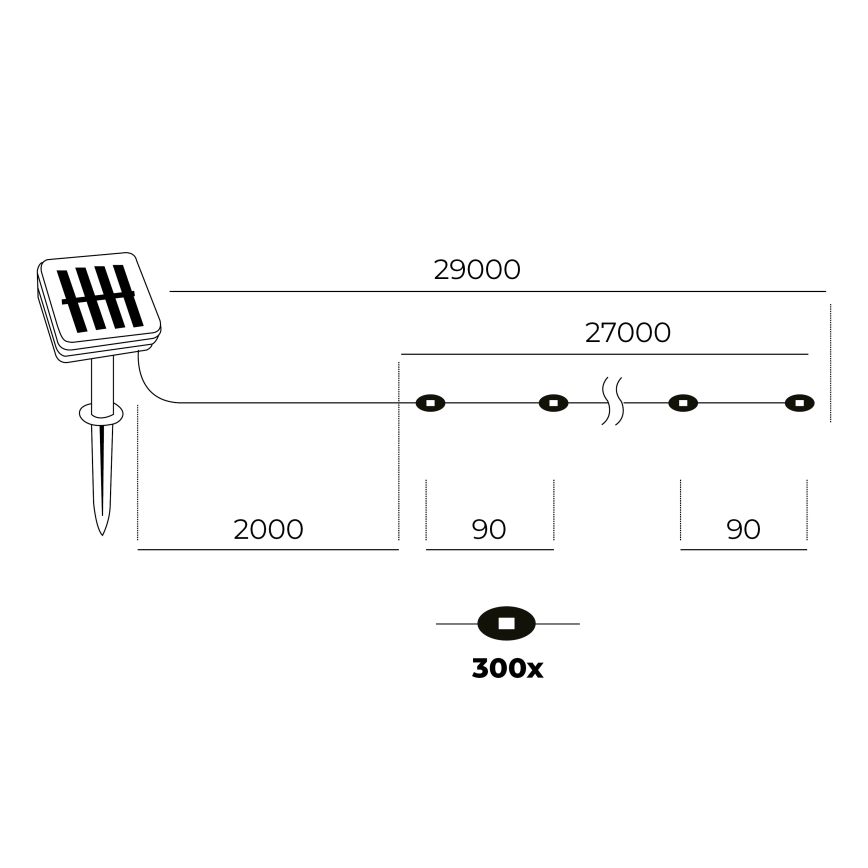 LED - Solar chain 300xLED/0,12W/1,2V 1xAA 27 m IP44 3000K 800 mAh