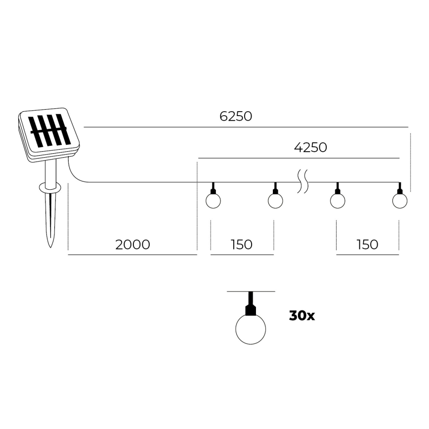 LED Solar chain 30xLED/0,12W/1,2V 1xAA 3000K IP44 400 mAh