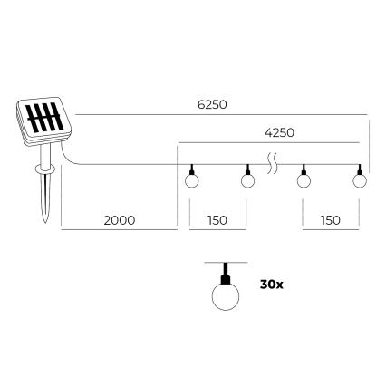 LED Solar chain 30xLED/0,12W/1,2V 3000K IP44