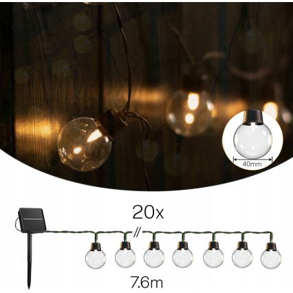 LED Solar Decorative String Lights, 20 LEDs / 8 modes, 500 mAh, 7.6 m, IP67, Warm White