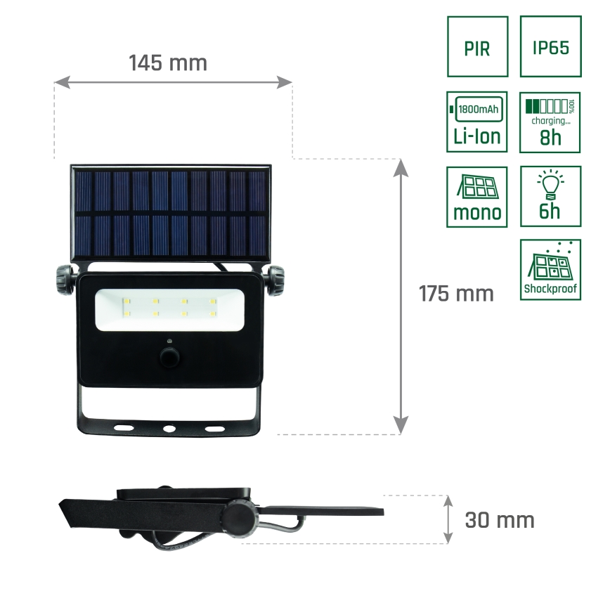 LED Solar floodlight with a sensor NOCTIS LED/2W/1800 mAh 3,7V 6000K IP65