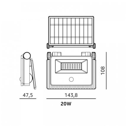 LED Solar Floodlight with Sensor NCS G2 LED/20W/3,7V 3000/4000/6500K IP54 2600 mAh