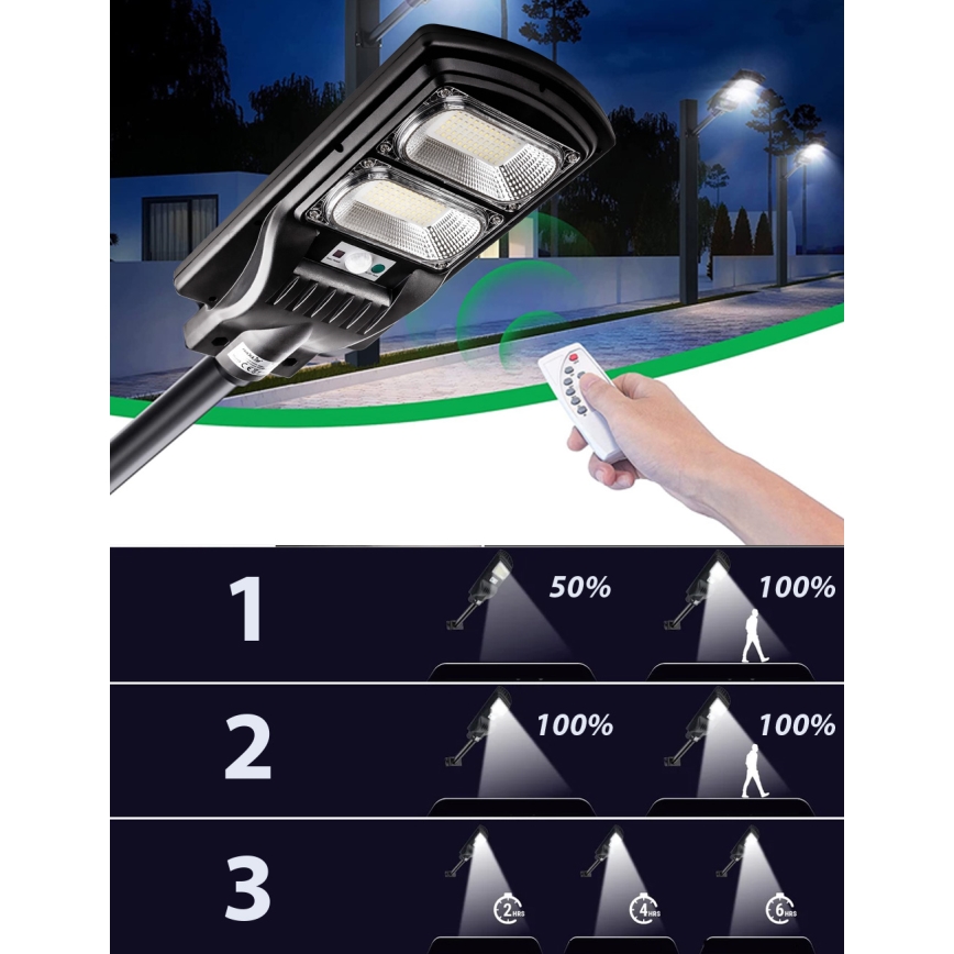 LED Dimmable solar street lamp with sensor LED/120W/6V 6500K IP65 black + remote control