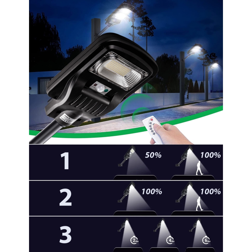 LED Dimmable solar street lamp with sensor LED/150W/6V 6500K IP65 black + remote control