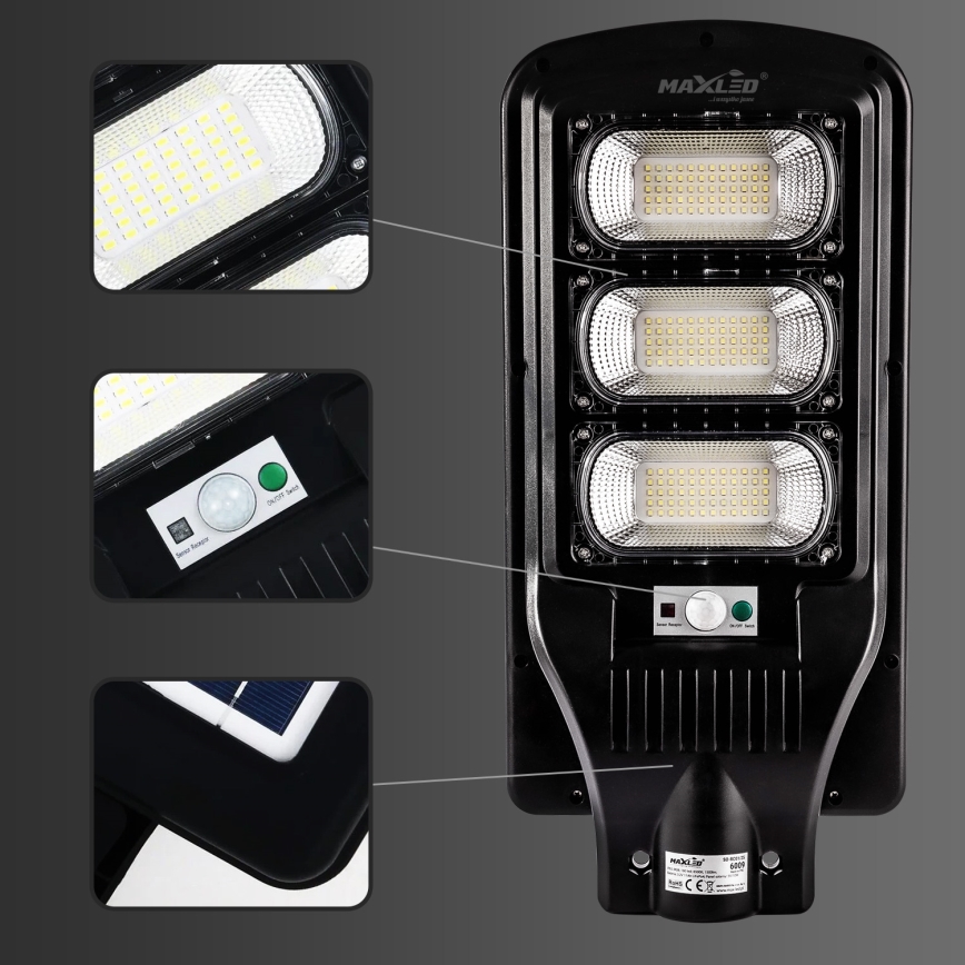 LED Dimmable solar street lamp with sensor LED/180W/6V 11000 mAh 6500K IP65 black + remote control