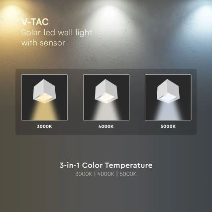 LED Solar Wall Light with Sensor, 9W LED, 3.7V, 3000/4000/5000K, IP65, 2600 mAh, White
