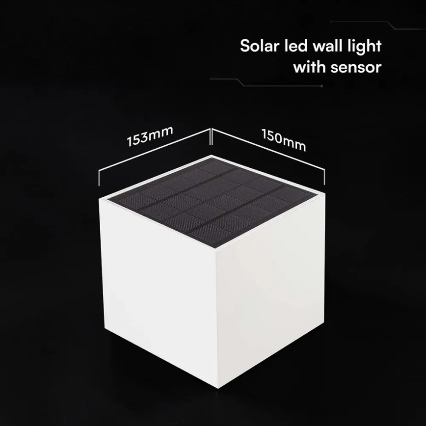 LED Solar Wall Light with Sensor, 9W LED, 3.7V, 3000/4000/5000K, IP65, 2600 mAh, White