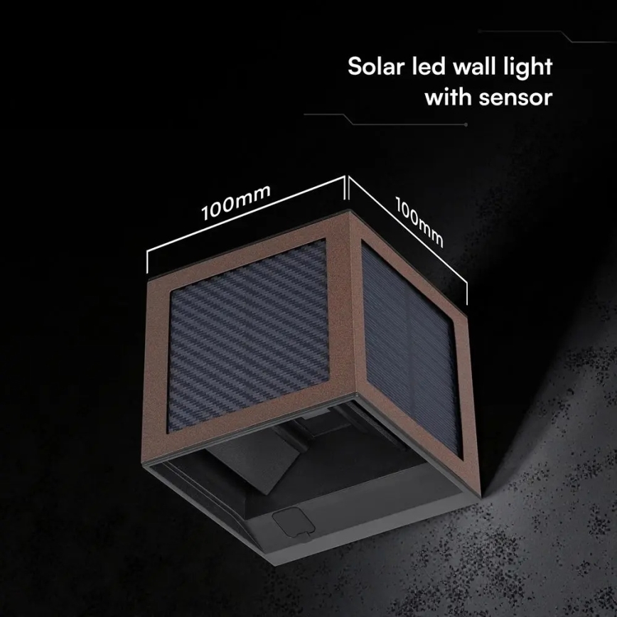 LED Solar Wall Light with Sensor, LED/9W/3.7V, 3000/4000/6000K, IP65, 2600 mAh, Brown