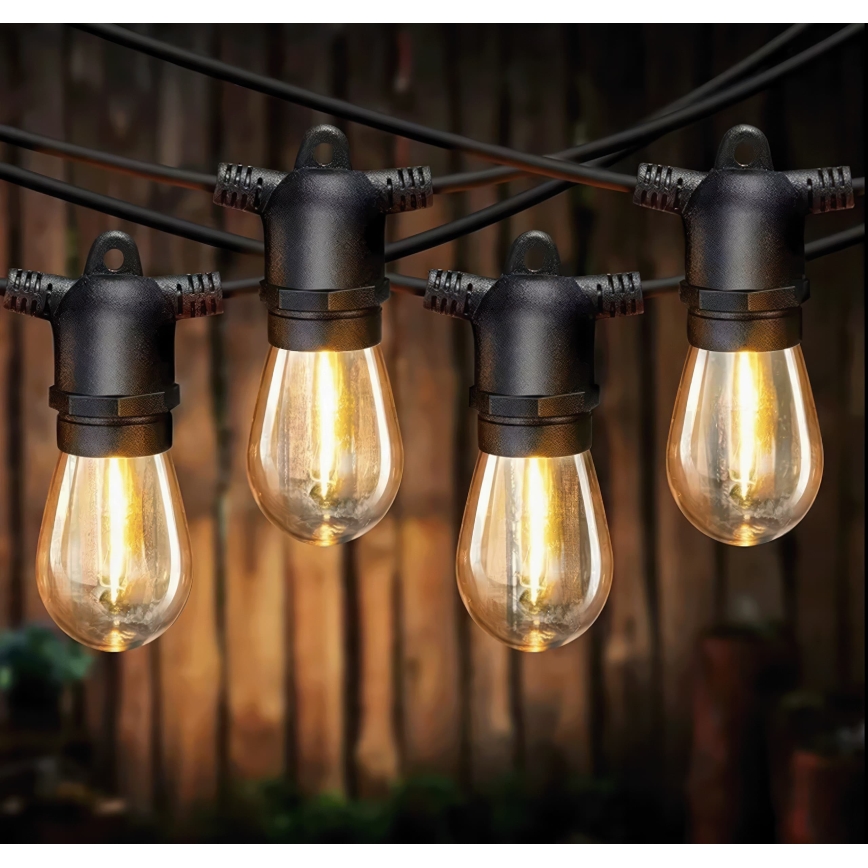 Dimmable LED solar decorative string, 10xE27 / 0.3 W / 3/5 V, USB 2400 mAh, 10.62 m, IP65, black, with remote control