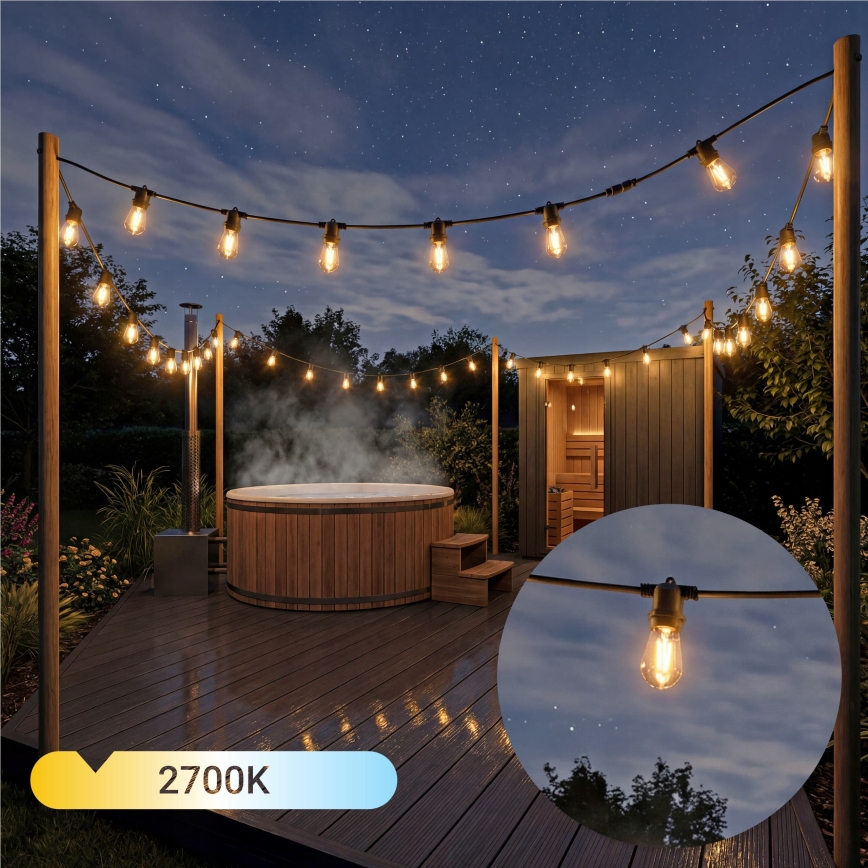 Dimmable LED solar decorative string, 10xE27 / 0.3 W / 3/5 V, USB 2400 mAh, 10.62 m, IP65, black, with remote control