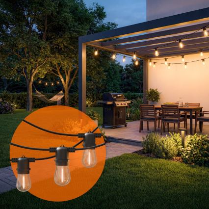 Dimmable LED solar decorative string, 10xE27 / 0.3 W / 3/5 V, USB 2400 mAh, 10.62 m, IP65, black, with remote control