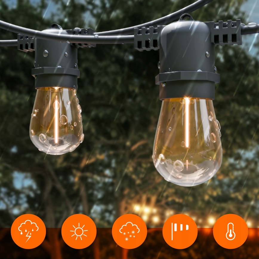Dimmable LED solar decorative string, 10xE27 / 0.3 W / 3/5 V, USB 2400 mAh, 10.62 m, IP65, black, with remote control