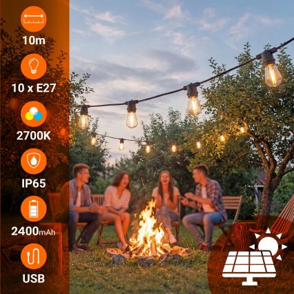 Dimmable LED solar decorative string, 10xE27 / 0.3 W / 3/5 V, USB 2400 mAh, 10.62 m, IP65, black, with remote control