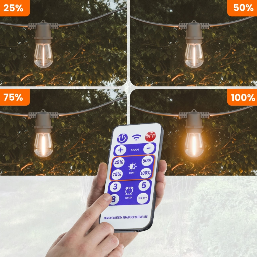 Dimmable LED solar decorative string, 10xE27 / 0.3 W / 3/5 V, USB 2400 mAh, 10.62 m, IP65, black, with remote control