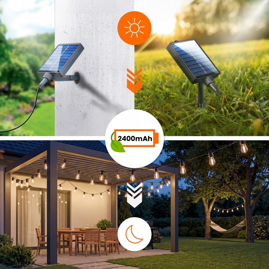 Dimmable LED solar decorative string, 10xE27 / 0.3 W / 3/5 V, USB 2400 mAh, 10.62 m, IP65, black, with remote control