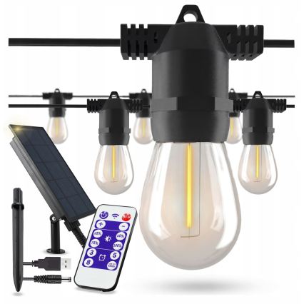 Dimmable LED solar decorative string, 10xE27 / 0.3 W / 3/5 V, USB 2400 mAh, 10.62 m, IP65, black, with remote control