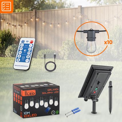 Dimmable LED solar decorative string, 10xE27 / 0.3 W / 3/5 V, USB 2400 mAh, 10.62 m, IP65, black, with remote control