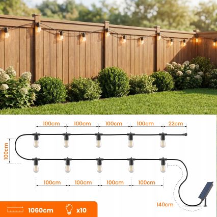 Dimmable LED solar decorative string, 10xE27 / 0.3 W / 3/5 V, USB 2400 mAh, 10.62 m, IP65, black, with remote control